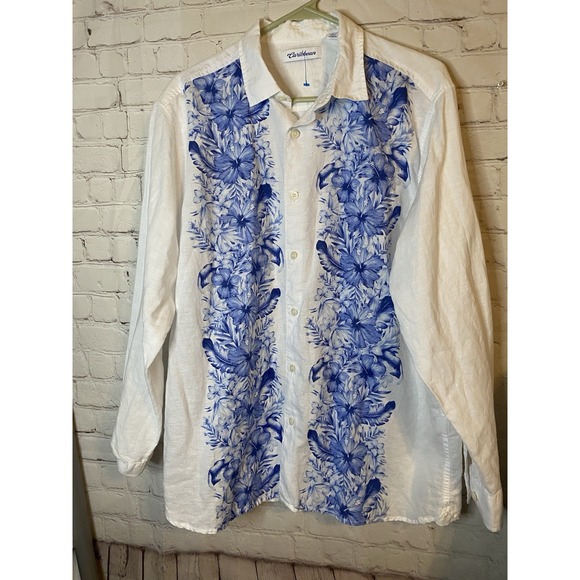 Caribbean Other - Caribbean Shirt Mens  L White Blue Floral Linen Blend Long Sleeve Button Front